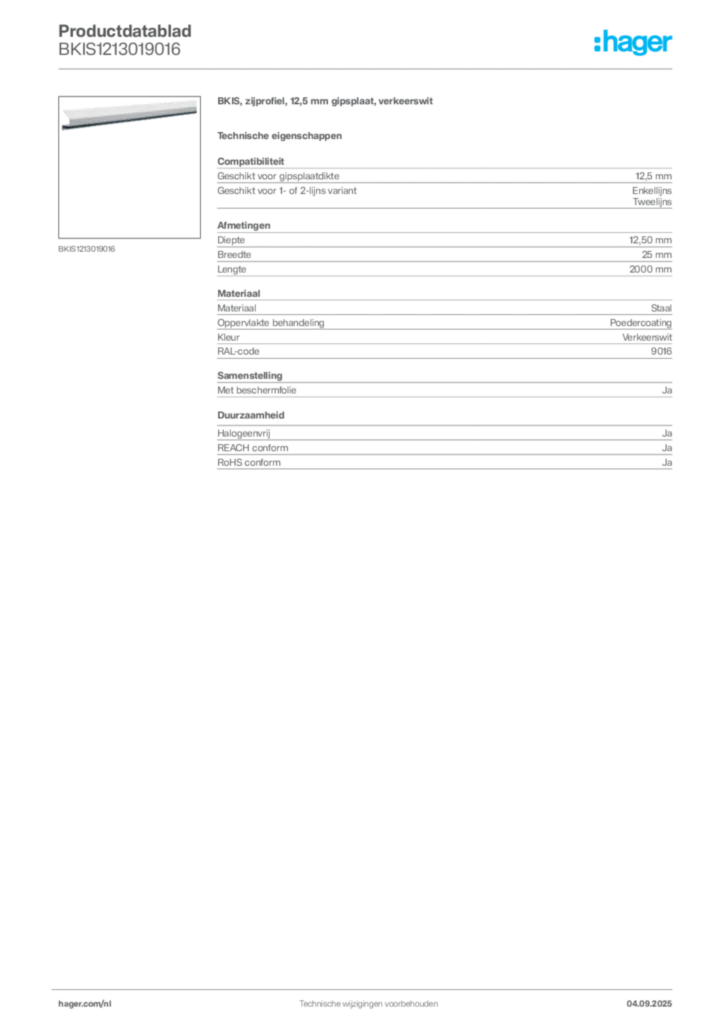 Afbeelding Hager Productdatablad BKIS1213019016 | Hager Nederland