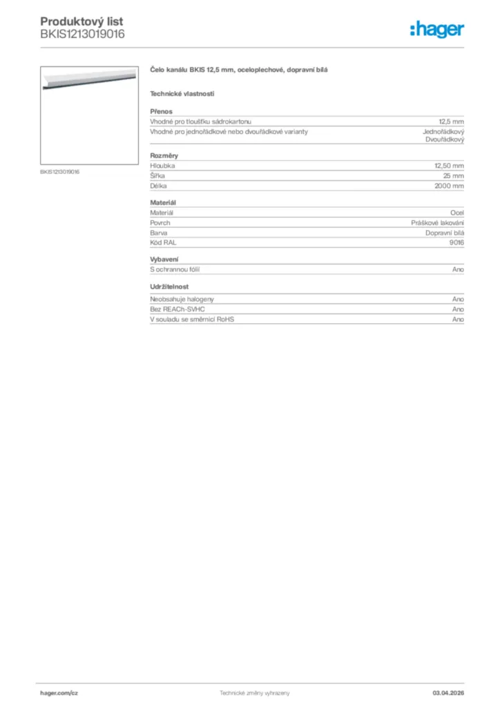 Obrázek Hager Product data sheet BKIS1213019016 | Hager