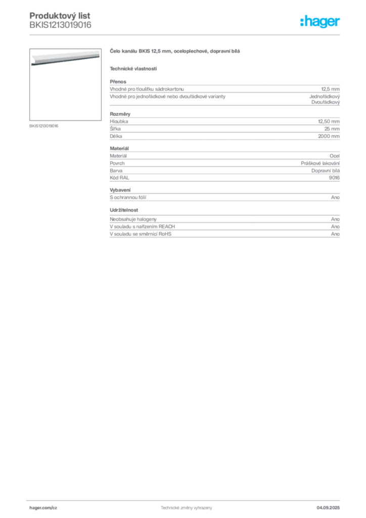 Obrázek Hager Produktový list BKIS1213019016 | Hager