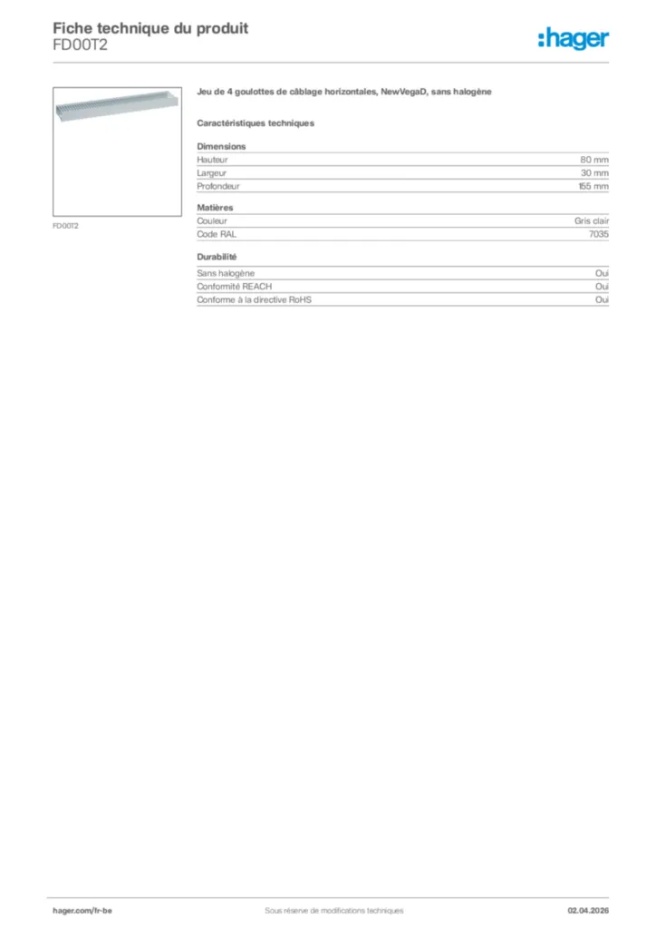 Image Hager Fiche technique du produit FD00T2 | Hager Belgique