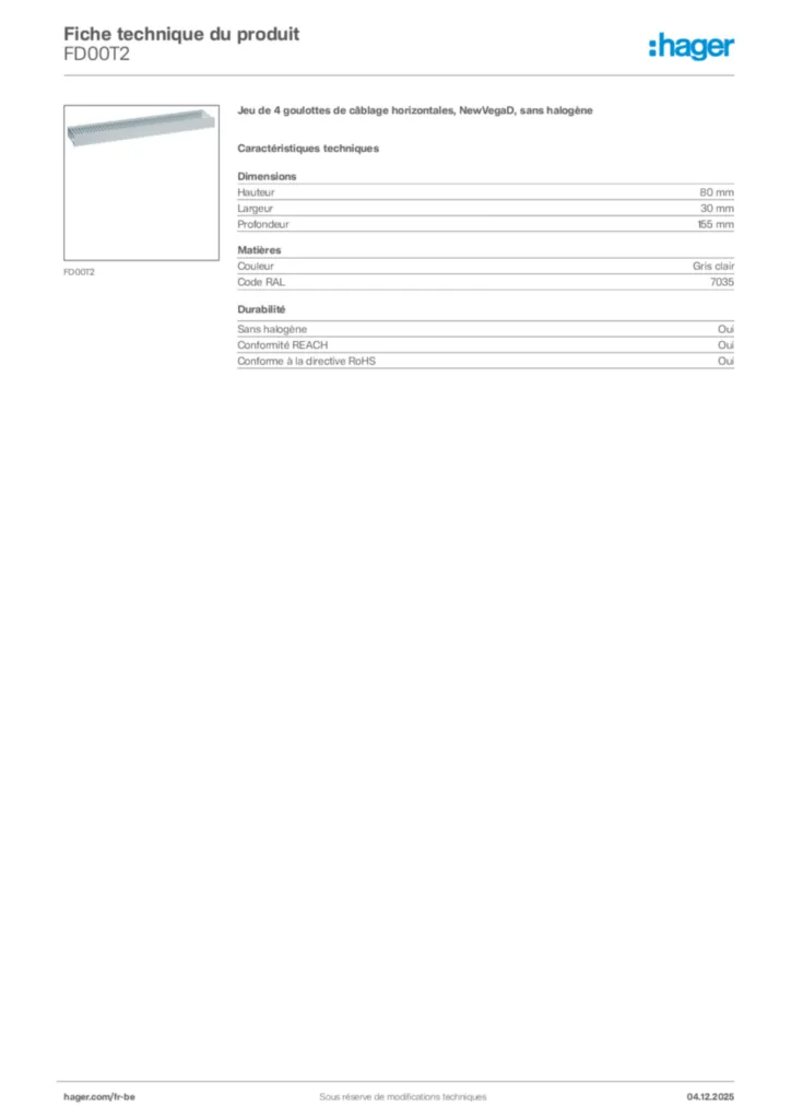 Image Hager Fiche technique du produit FD00T2 | Hager Belgique