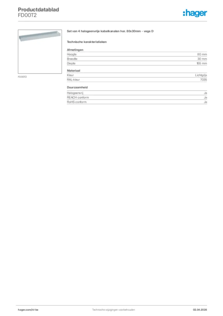 Afbeelding Hager Productdatablad FD00T2 | Hager Belgium