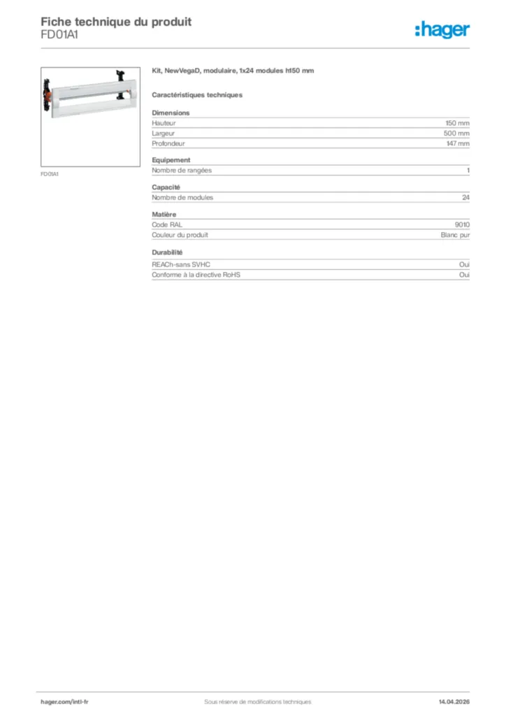 Image Hager Fiche technique du produit FD01A1 | Hager Afrique