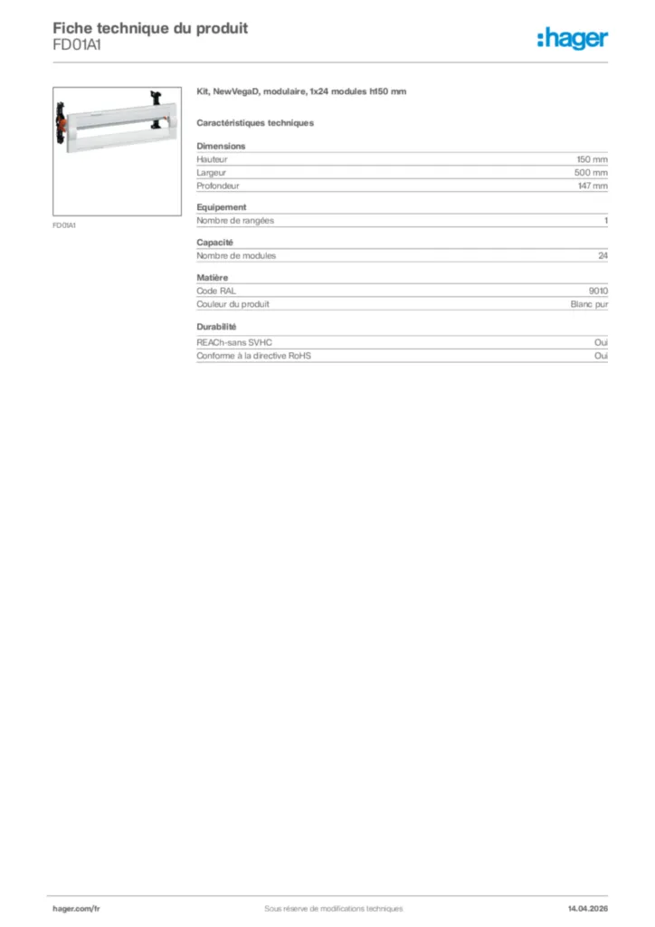 Image Hager Fiche technique du produit FD01A1 | Hager France