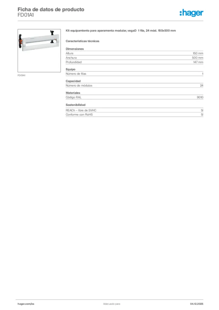 Imagen Hager Ficha de datos de producto FD01A1 | Hager España