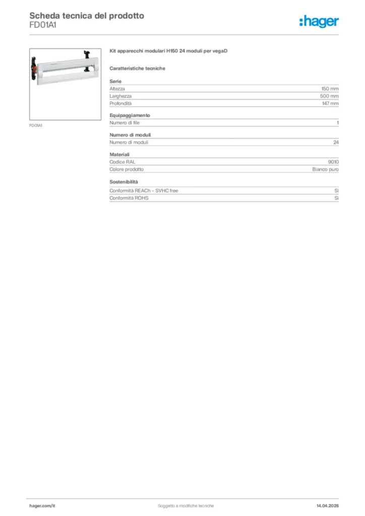 Immagine Hager Scheda tecnica del prodotto FD01A1 | Hager Italia