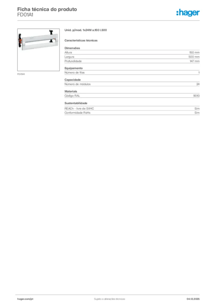 Imagem Hager Ficha técnica do produto FD01A1 | Hager Portugal