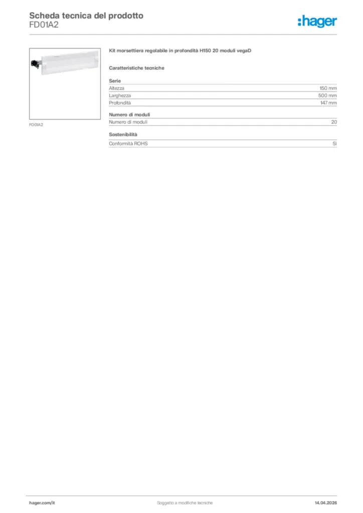 Immagine Hager Scheda tecnica del prodotto FD01A2 | Hager Italia