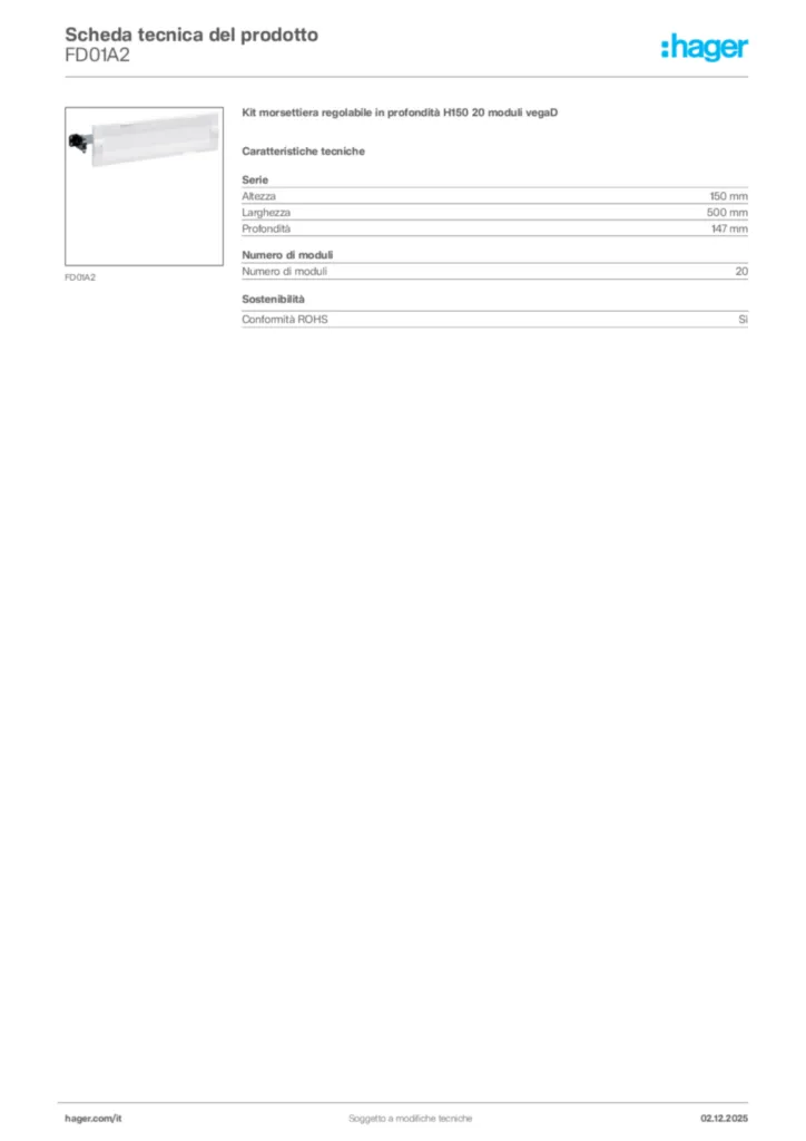 Immagine Hager Scheda tecnica del prodotto FD01A2 | Hager Italia