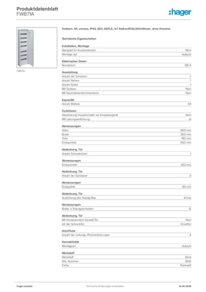 Bild Hager Produktdatenblatt FWB71A | Hager Deutschland