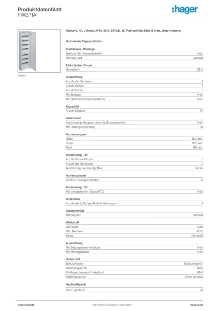 Bild Hager Produktdatenblatt FWB71A | Hager Deutschland
