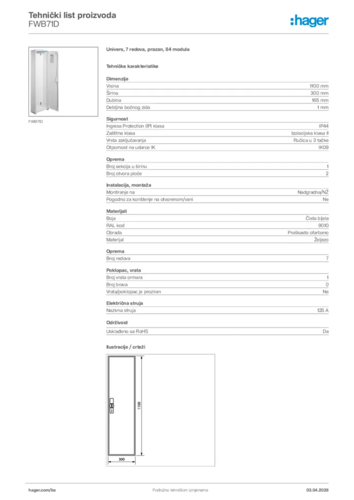 Slika Hager Tehnički list proizvoda FWB71D  | Hager