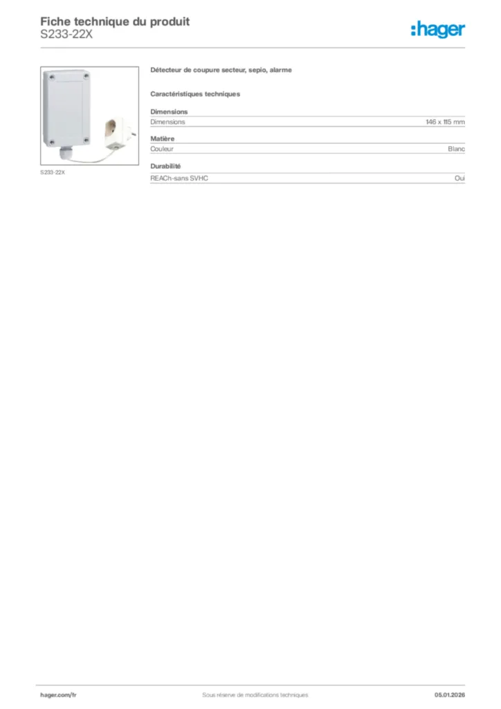 Image Hager Fiche technique du produit S233-22X | Hager France