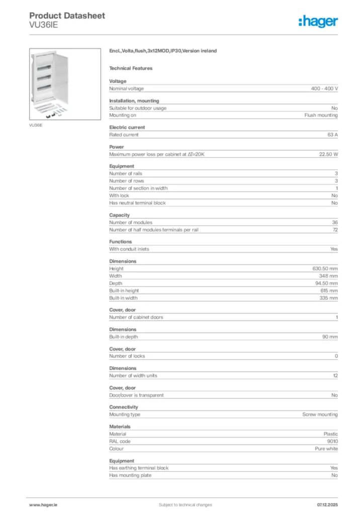 Image Hager Product data sheet VU36IE  | Hager