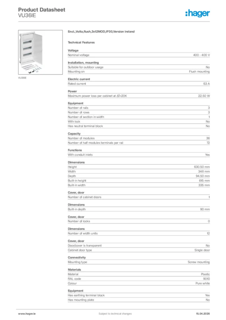 Image Hager Product data sheet VU36IE  | Hager