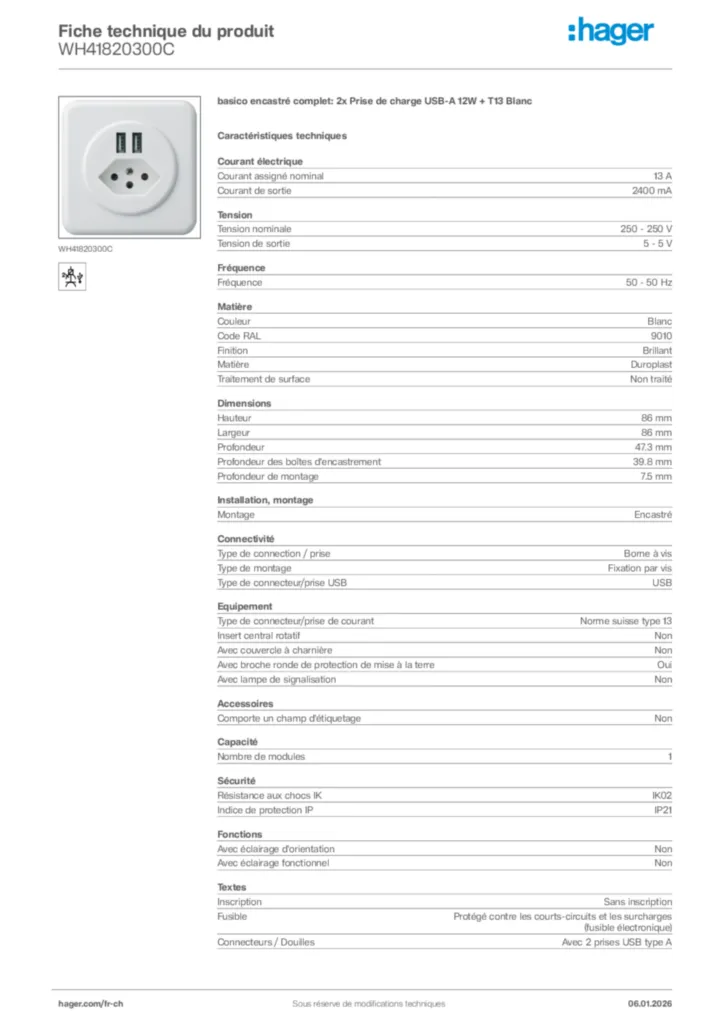 Image Hager Fiche technique du produit WH41820300C | Hager Suisse