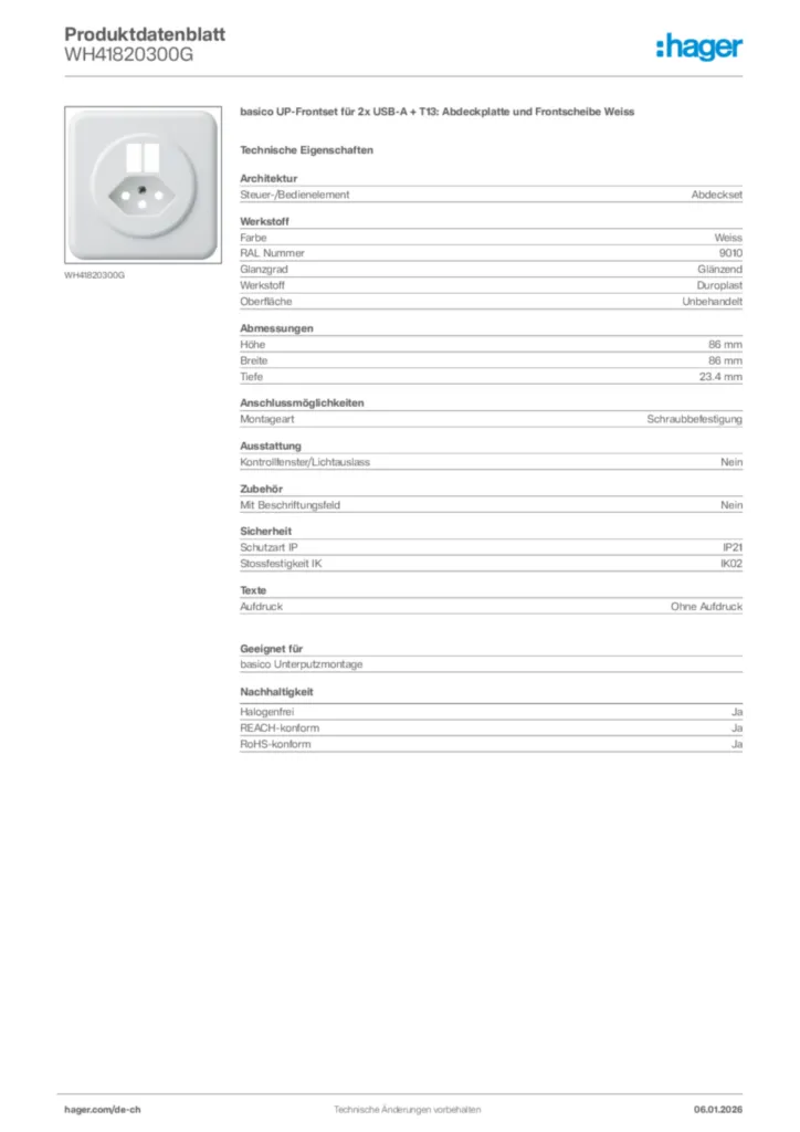 Bild Hager Produktdatenblatt WH41820300G | Hager Schweiz