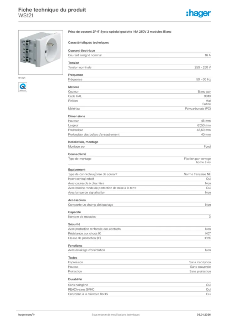 Image Hager Fiche technique du produit WS121 | Hager France