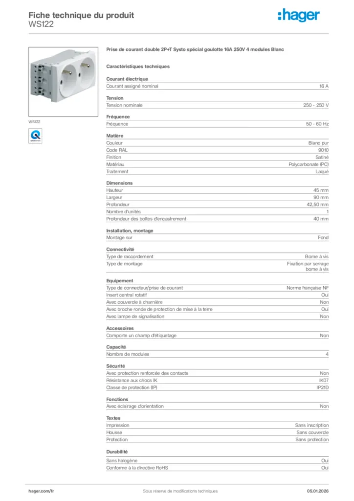 Image Hager Fiche technique du produit WS122 | Hager France
