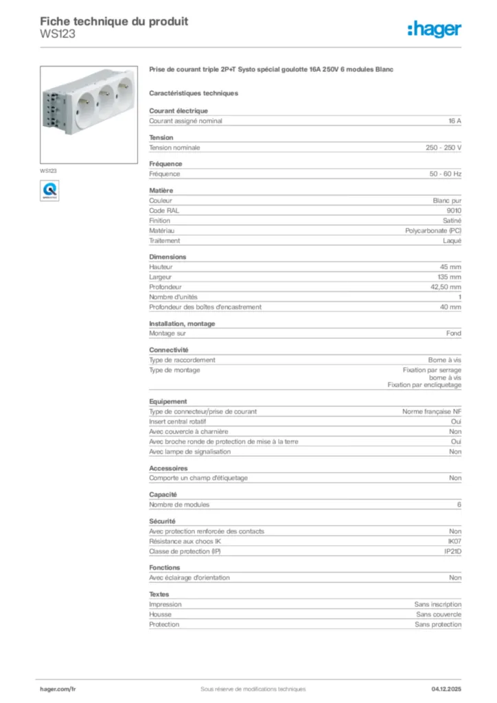 Image Hager Fiche technique du produit WS123 | Hager France