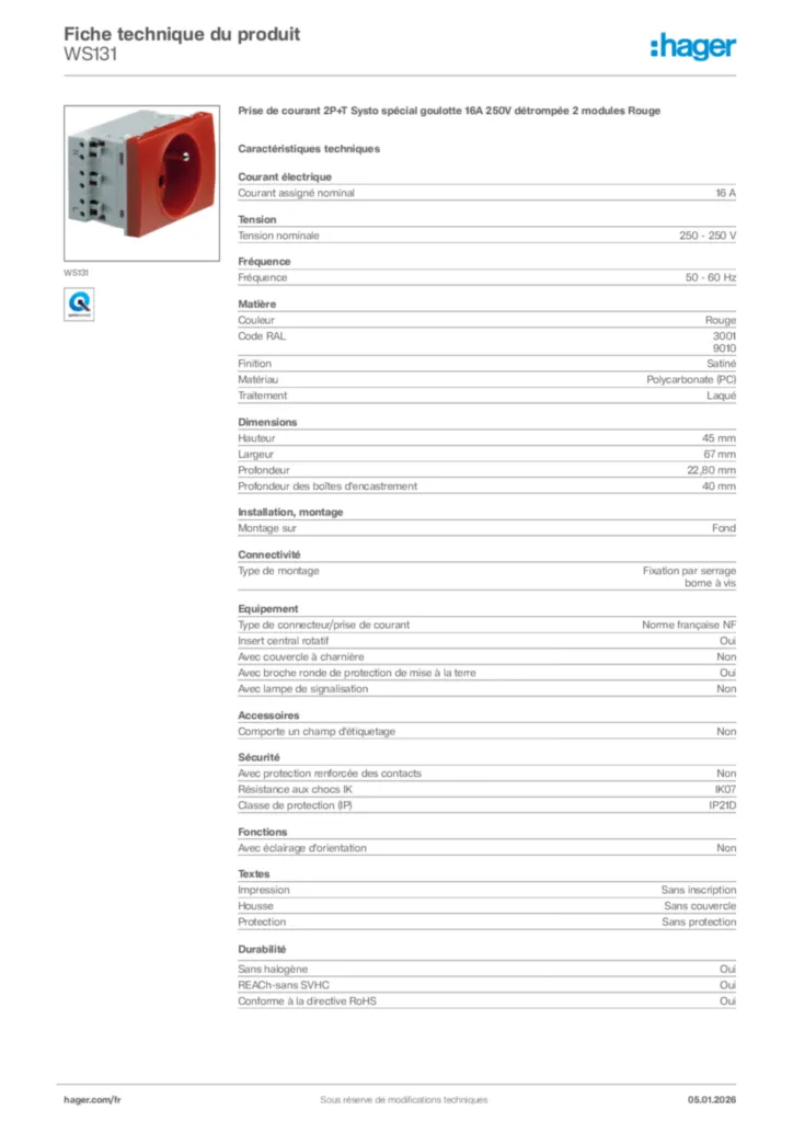 Image Hager Fiche technique du produit WS131 | Hager France