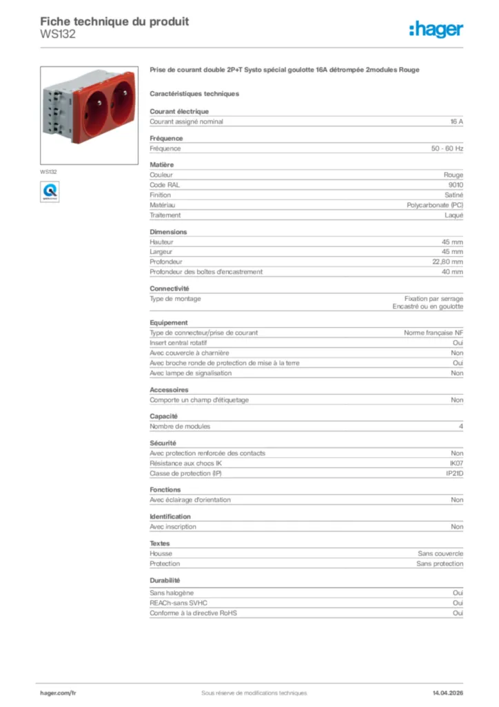 Image Hager Fiche technique du produit WS132 | Hager France