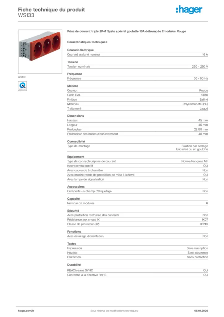 Image Hager Fiche technique du produit WS133 | Hager France