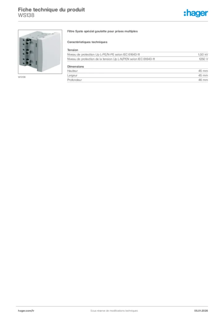 Image Hager Fiche technique du produit WS138 | Hager France
