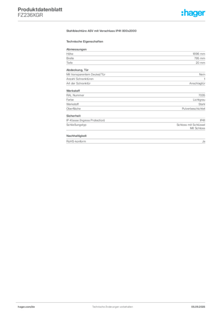 Bild Hager Produktdatenblatt FZ236XGR | Hager Deutschland