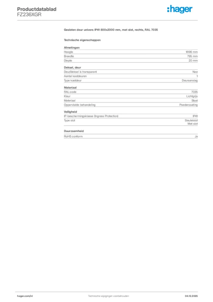 Afbeelding Hager Productdatablad FZ236XGR | Hager Nederland