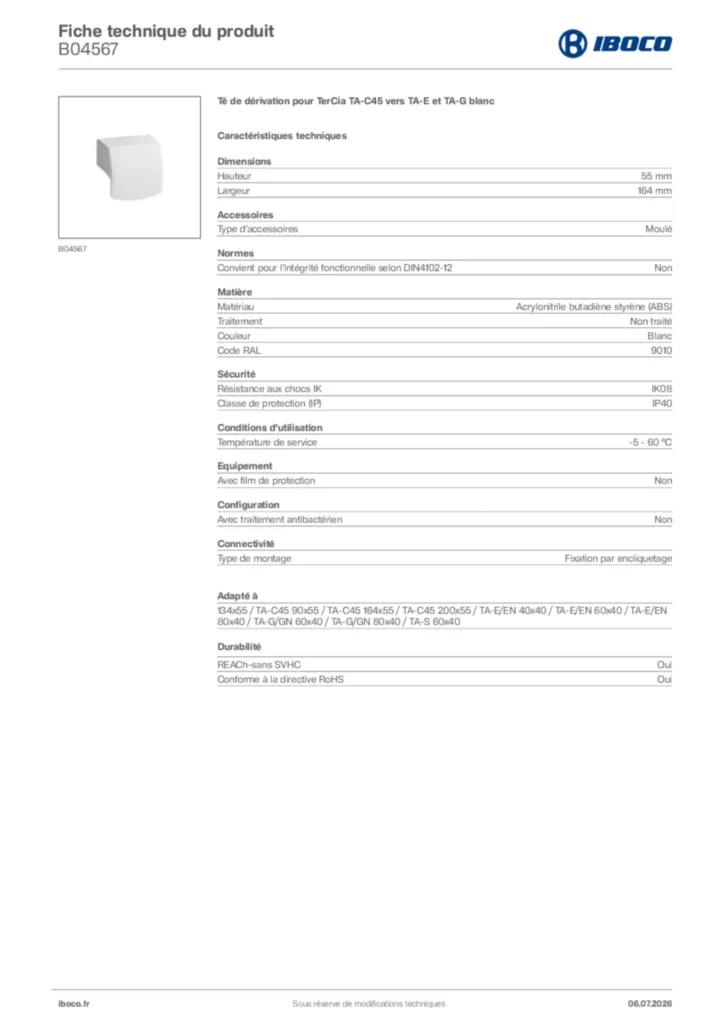 Image Iboco Fiche technique du produit B04567 | Hager France