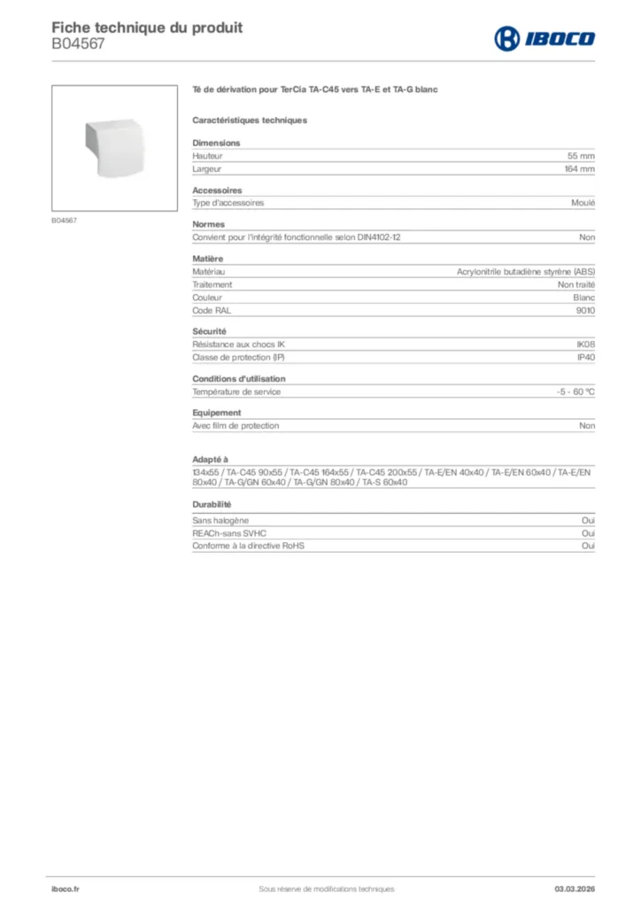 Image Iboco Fiche technique du produit B04567 | Hager France