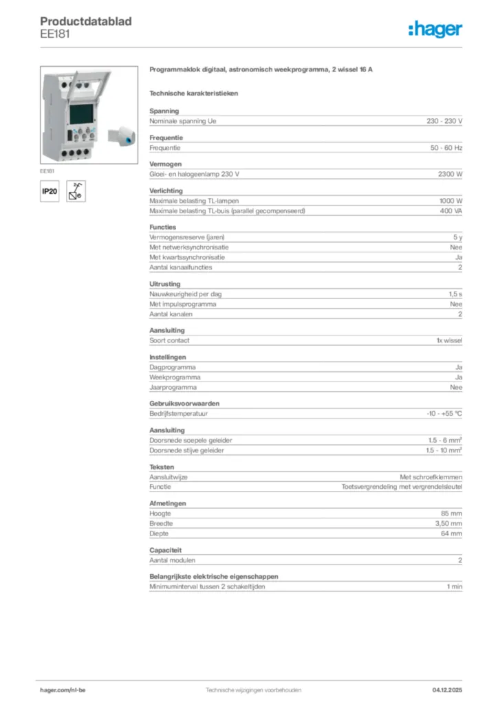 Afbeelding Hager Productdatablad EE181 | Hager Belgium