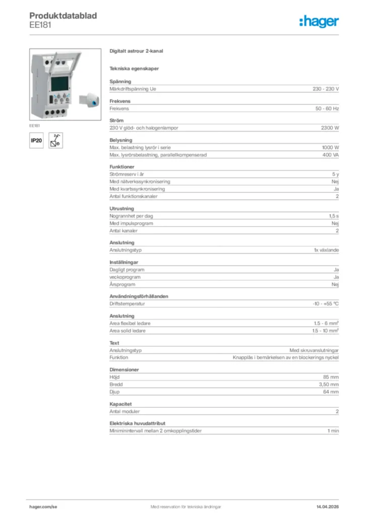 Bild Hager Produktdatablad EE181 | Hager Sverige