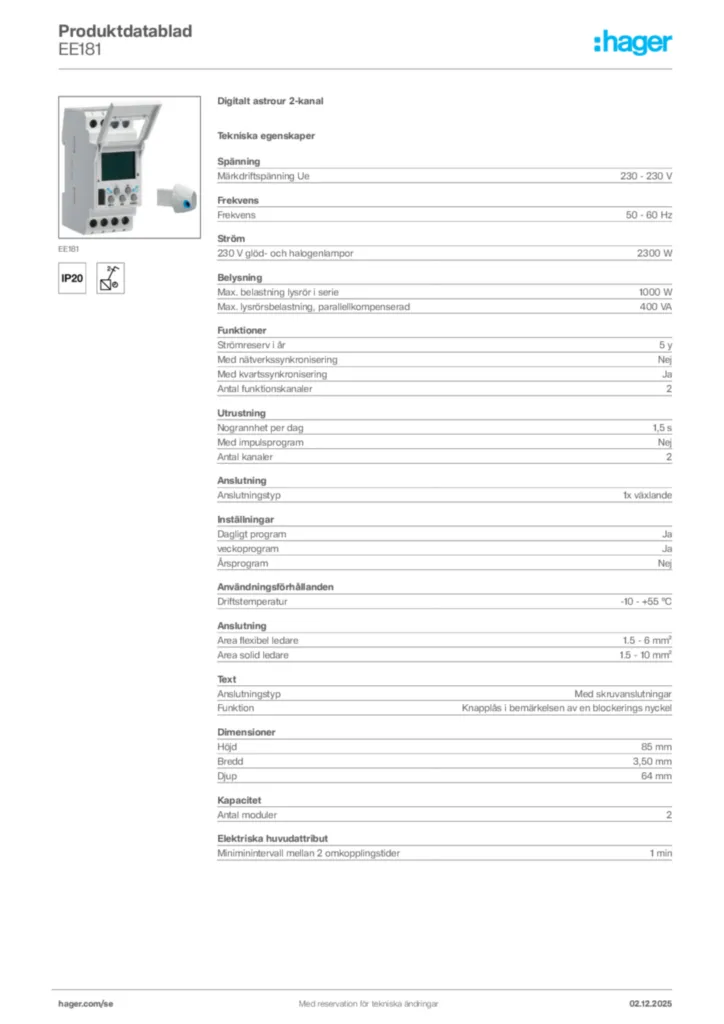 Bild Hager Produktdatablad EE181 | Hager Sverige