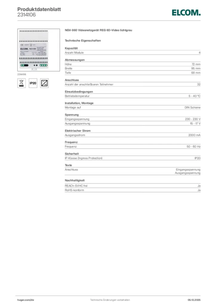 Bild Elcom Produktdatenblatt 2314106 | Hager Deutschland