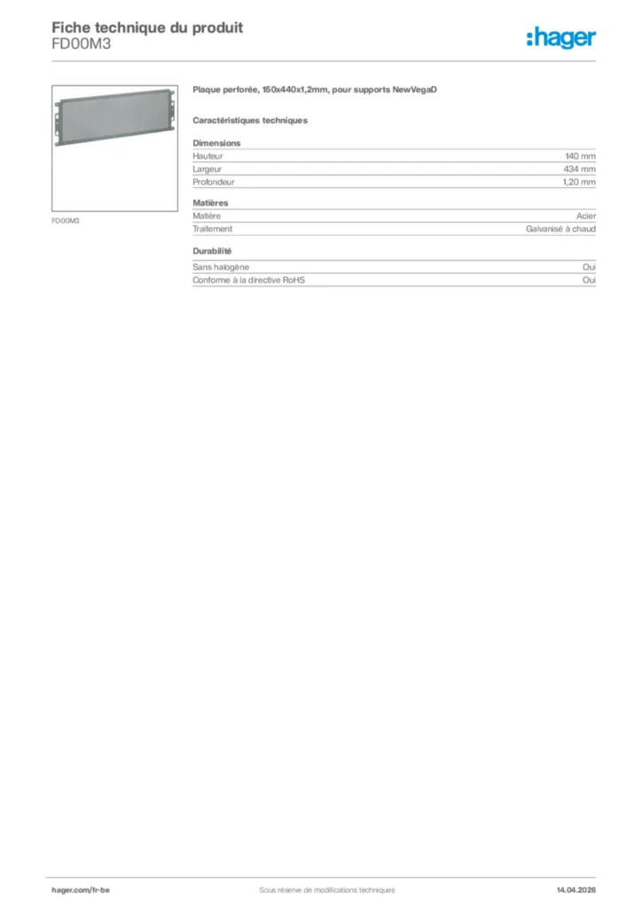 Image Hager Fiche technique du produit FD00M3 | Hager Belgique