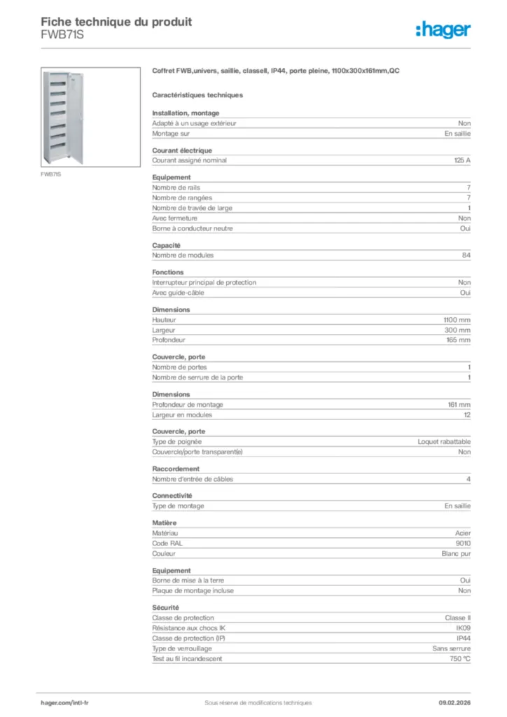 Image Hager Fiche technique du produit FWB71S | Hager Afrique