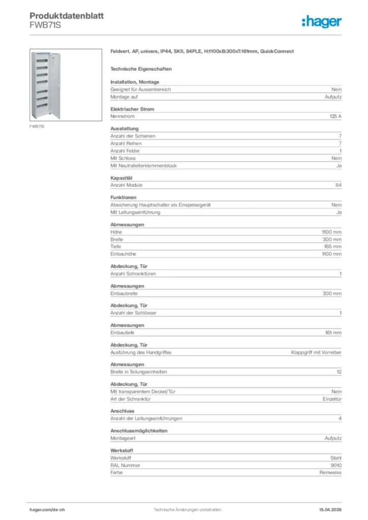 Bild Hager Produktdatenblatt FWB71S | Hager Schweiz
