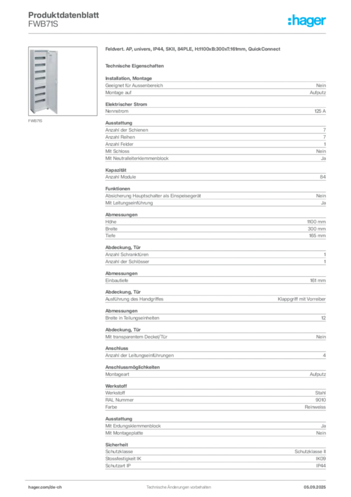 Bild Hager Produktdatenblatt FWB71S | Hager Schweiz