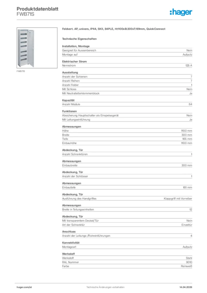 Bild Hager Produktdatenblatt FWB71S | Hager Deutschland