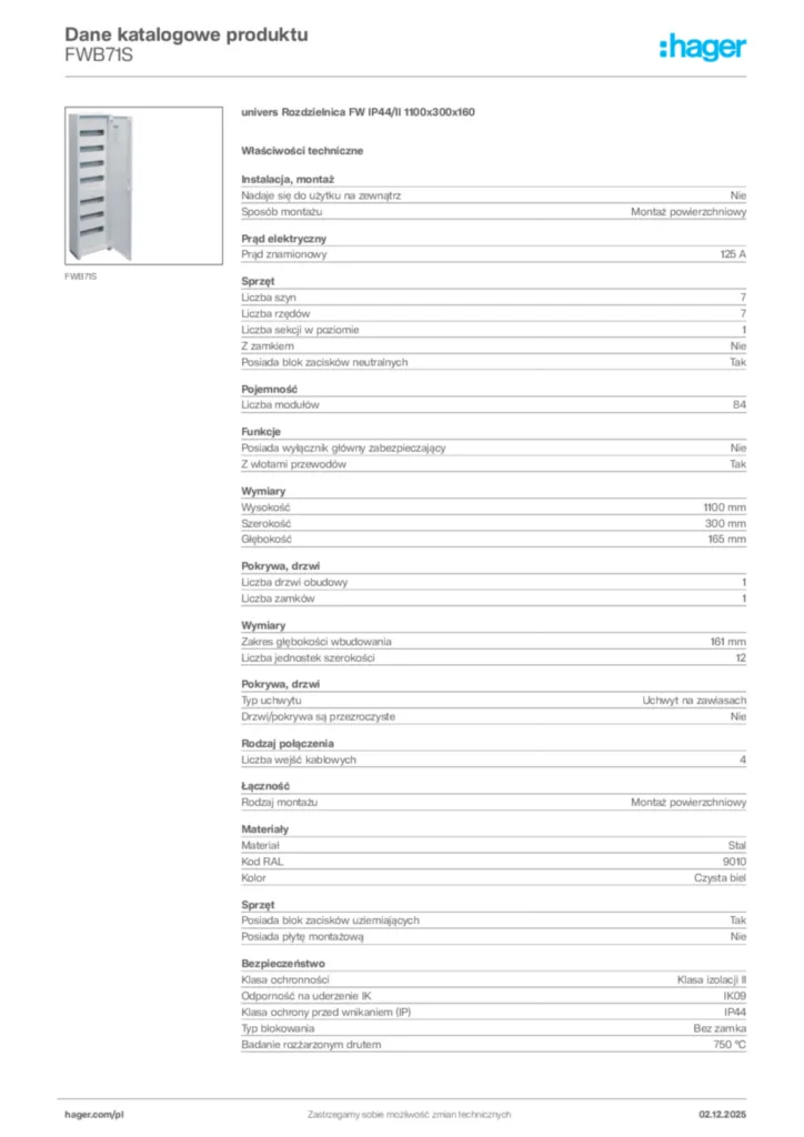Zdjęcie Hager Dane katalogowe produktu FWB71S | Hager Polska