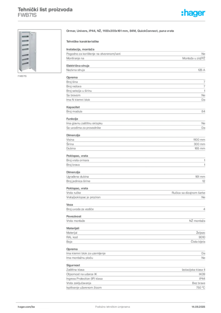Slika Hager Product data sheet FWB71S  | Hager