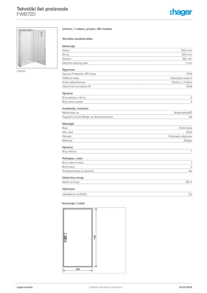 Slika Hager Tehnički list proizvoda FWB72D  | Hager