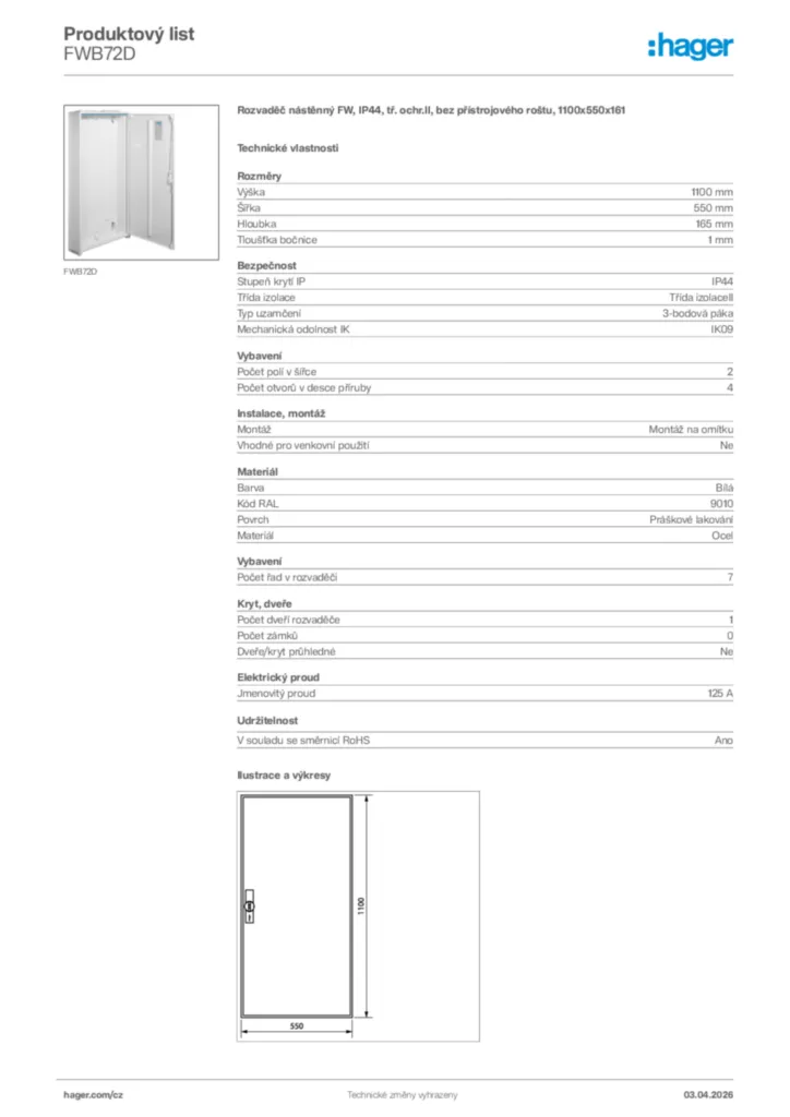 Obrázek Hager Product data sheet FWB72D | Hager