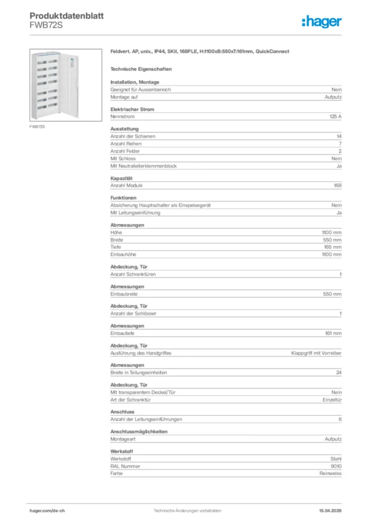 Bild Hager Produktdatenblatt FWB72S | Hager Schweiz