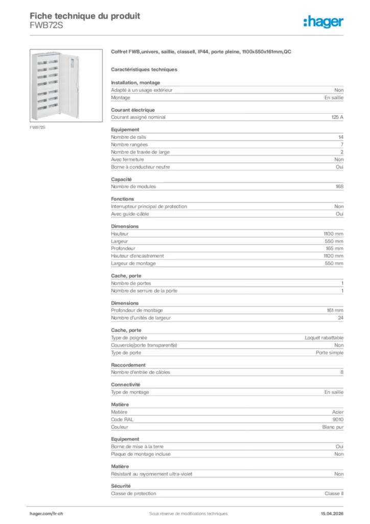 Image Hager Fiche technique du produit FWB72S | Hager Suisse