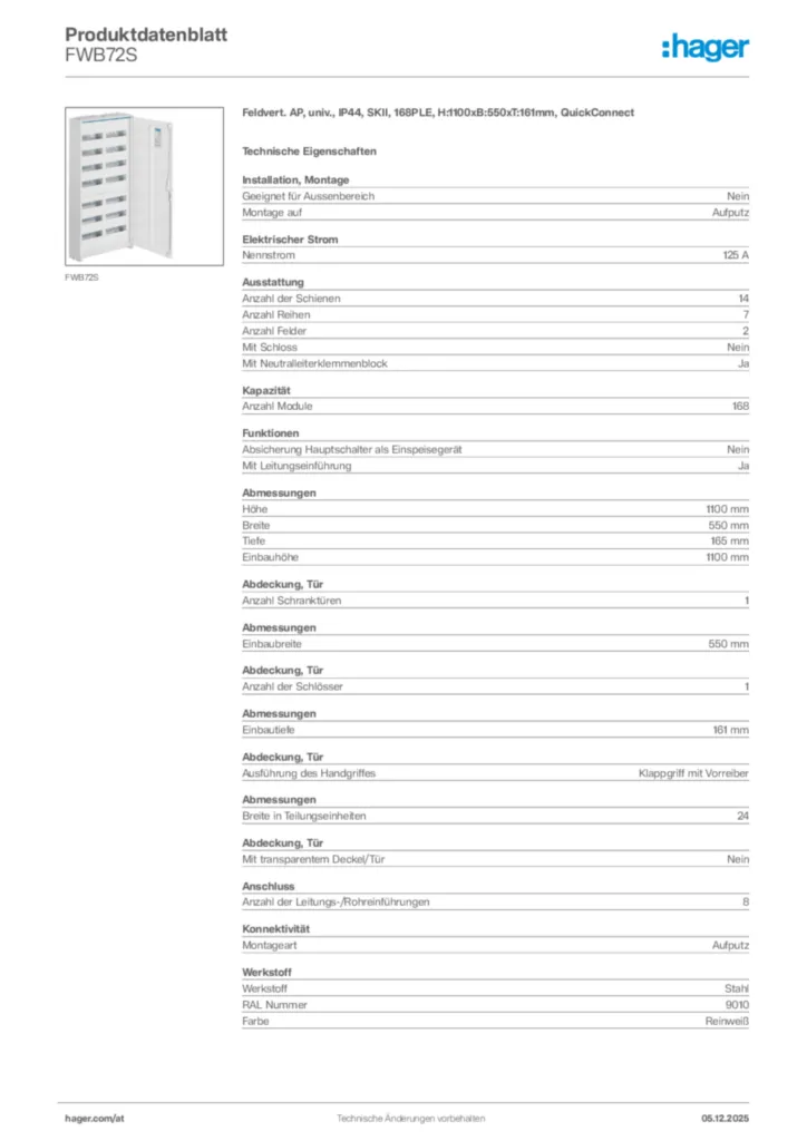 Bild Hager Produktdatenblatt FWB72S | Hager Deutschland