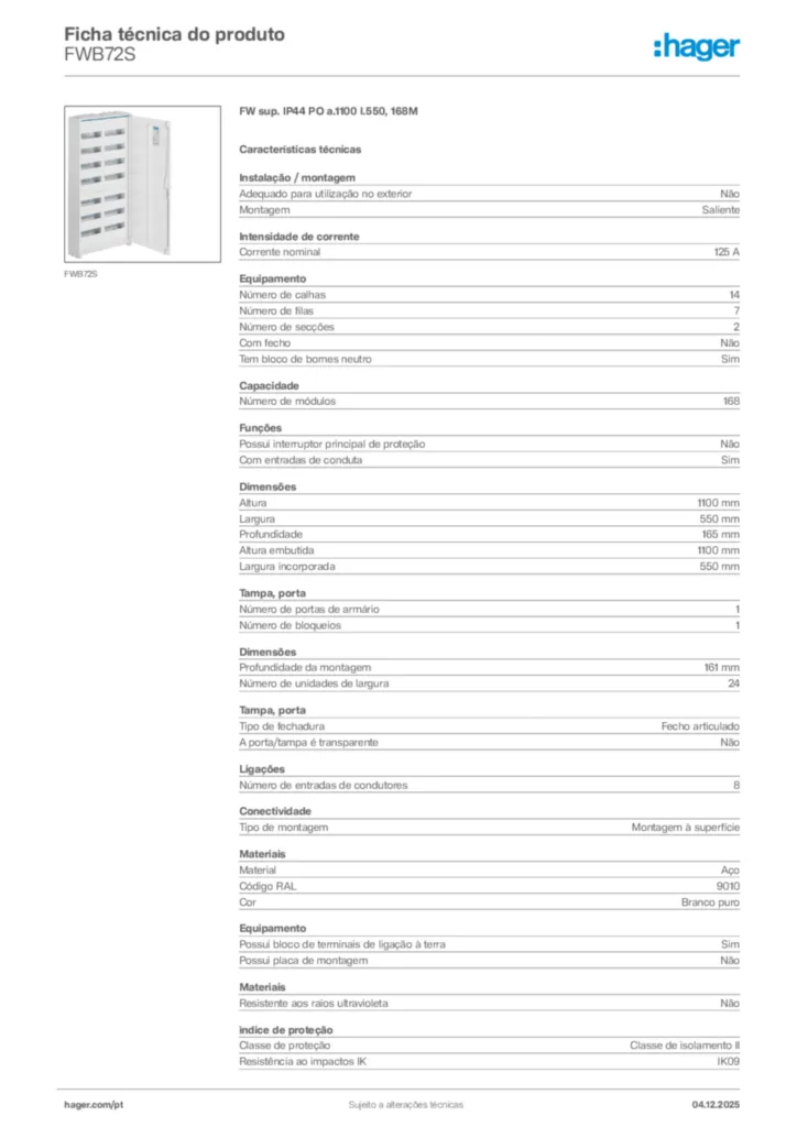 Imagem Hager Ficha técnica do produto FWB72S | Hager Portugal