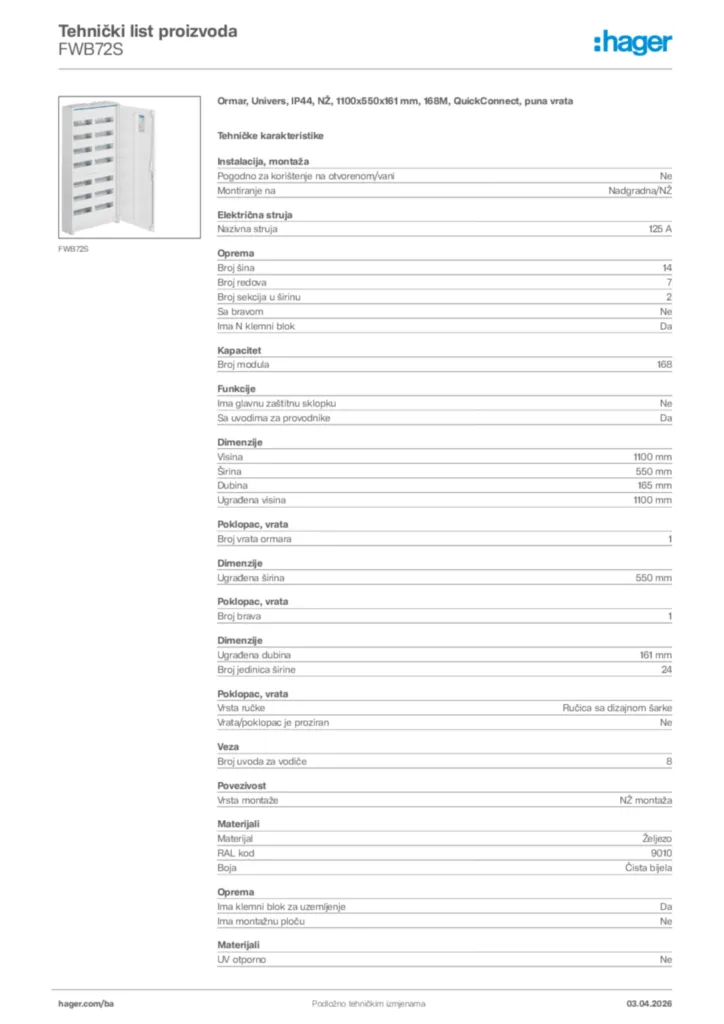 Slika Hager Tehnički list proizvoda FWB72S  | Hager